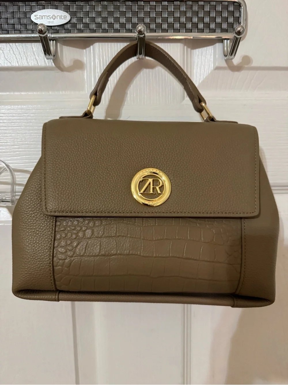 ZAC Zac Posen Olive Taupe Leather Top-Handle Satchel with Gold Emblem